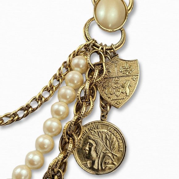 DESIGNER Necklace 80’s Gold Tone Three Tier Coin and Pearl - Picture 2 of 4
